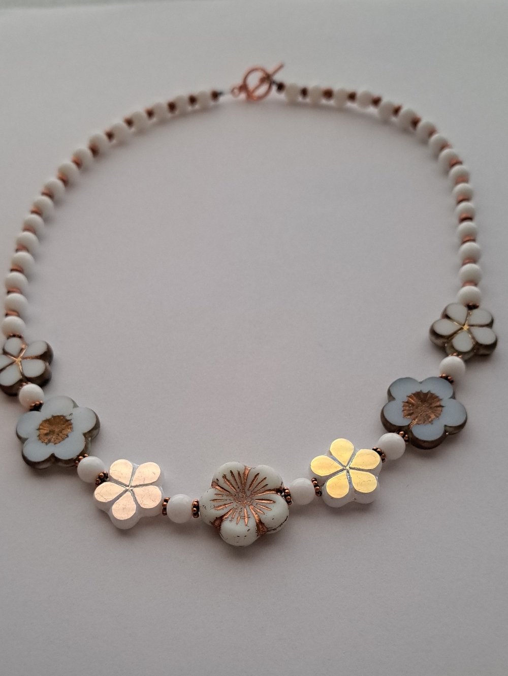 Delicate White Flower Bead Necklace with Copper Accents - Women Jewelry
